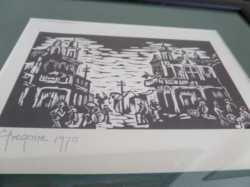 Gregoire  Boonzaier 1909  -  2005  - Linocut - Street Scene Bo Kaap District Six  signed 1970