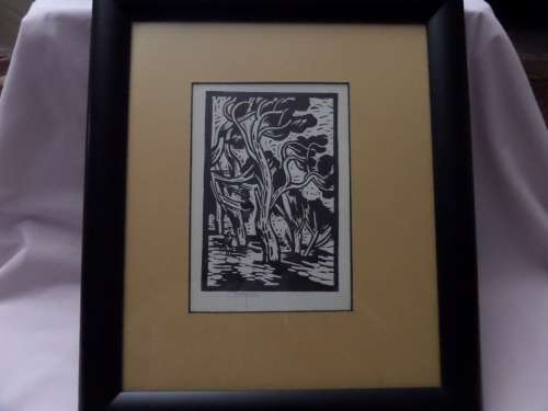 Gregoire Boonzaier 1909 - 2005  - Linocut - Windswept Pine Trees signed in Pencil
