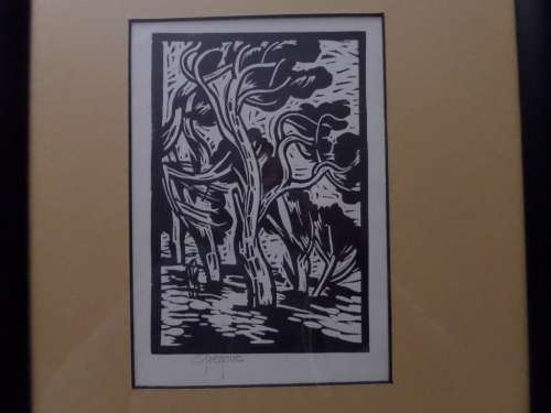 Gregoire Boonzaier 1909 - 2005  - Linocut - Windswept Pine Trees signed in Pencil