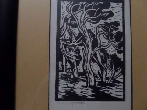 Gregoire Boonzaier 1909 - 2005  - Linocut - Windswept Pine Trees signed in Pencil