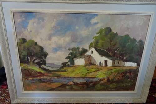 Big Original Oil on Board by Johan Oldert 1912-1984 -Farm Homestead