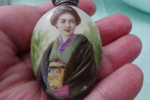 Antique Birmingham 1904-1905 Hallmarked Silver and Porcelain Perfume Bottle in good condition