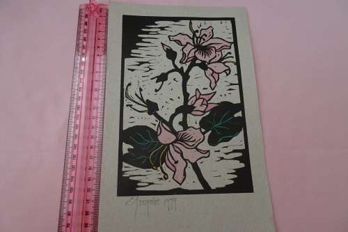 Very Interesting Small Gregoire Boonzaier 1909-2005 Linocut Hibiscus in Colour Signed in Pencil 1979