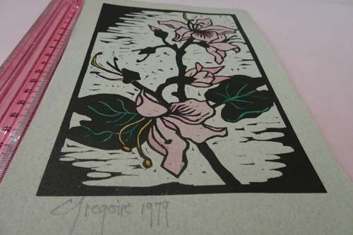 Very Interesting Small Gregoire Boonzaier 1909-2005 Linocut Hibiscus in Colour Signed in Pencil 1979