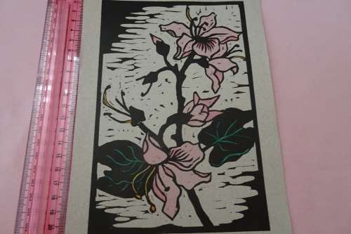 Very Interesting Small Gregoire Boonzaier 1909-2005 Linocut Hibiscus in Colour Signed in Pencil 1979