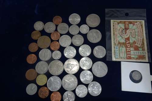 Lot of International Coins and a 1946 Petrol Ration Coupon(Some coins are Silver)