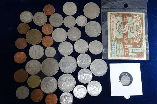Lot of International Coins and a 1946 Petrol Ration Coupon(Some coins are Silver)