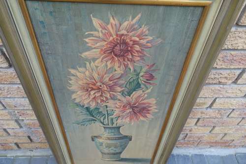 Vladimir Tretchikoff 1913 - 2006  Dahlias in Japense Vase Flowers In A Room Setting ,Print In Frame