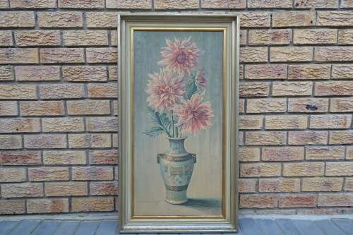 Vladimir Tretchikoff 1913 - 2006  Dahlias in Japense Vase Flowers In A Room Setting ,Print In Frame