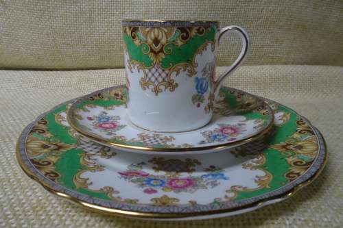 Shelley Sheraton Green Floral Demitasse Bone China Cup, Saucer and Small Cake Plate #13290