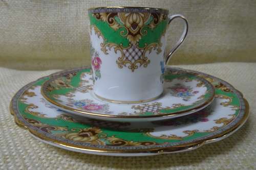 Shelley Sheraton Green Floral Demitasse Bone China Cup, Saucer and Small Cake Plate #13290