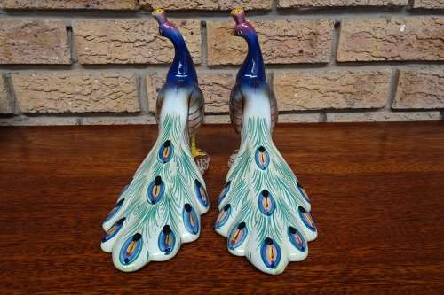Stunning Vintage Pair of Elpa Alcobaca Peacock Statuettes - Made in Portugal.