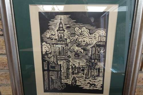 Lovely South African Gregoire Boonzaier (1909 - 2005) "Donkey Cart, District Six" Linocut. Signed