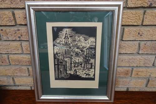 Lovely South African Gregoire Boonzaier (1909 - 2005) "Donkey Cart, District Six" Linocut. Signed