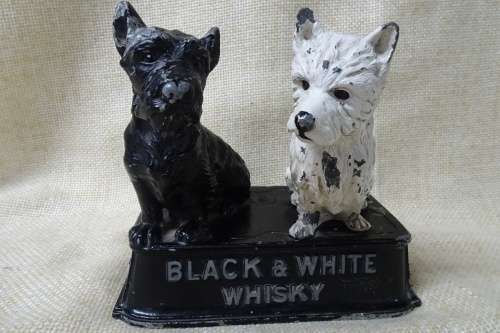 Vintage Metal Buchanan's Black and White Whiskey Terrier Dogs Advertising Display/Bar Accessory