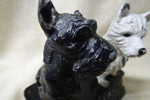 Vintage Metal Buchanan's Black and White Whiskey Terrier Dogs Advertising Display/Bar Accessory