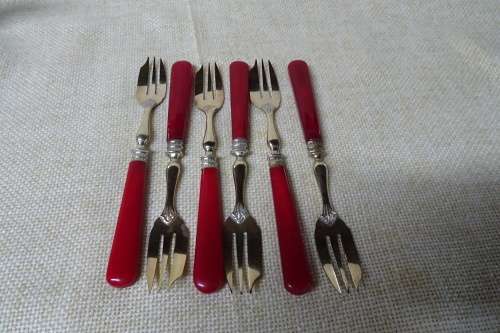 Unusual Vintage Set of Six Dessert Forks Brass With Red Handles in Original Box.