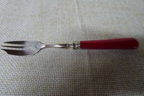 Unusual Vintage Set of Six Dessert Forks Brass With Red Handles in Original Box.