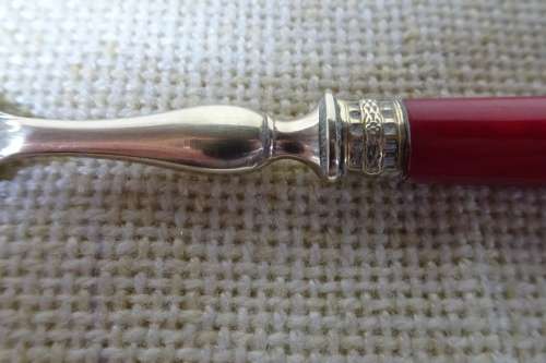 Unusual Vintage Set of Six Dessert Forks Brass With Red Handles in Original Box.