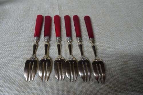 Unusual Vintage Set of Six Dessert Forks Brass With Red Handles in Original Box.