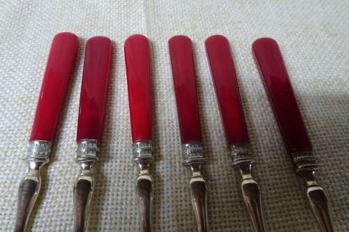 Unusual Vintage Set of Six Dessert Forks Brass With Red Handles in Original Box.