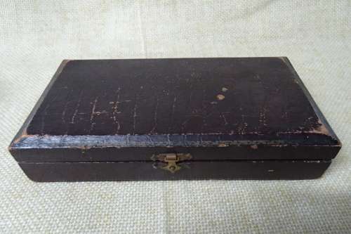 Unusual Vintage Set of Six Dessert Forks Brass With Red Handles in Original Box.