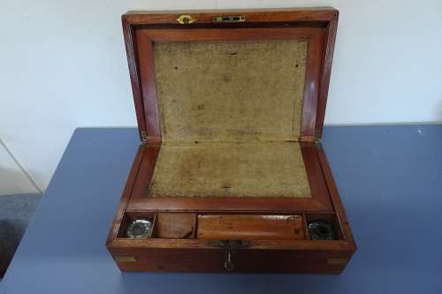 Awesome Antique Mahogany Writing Box Inlaid With Brass Detailing. With Key. Lid Has Crack.