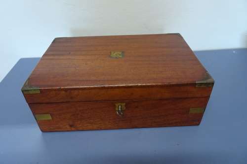 Awesome Antique Mahogany Writing Box Inlaid With Brass Detailing. With Key. Lid Has Crack.