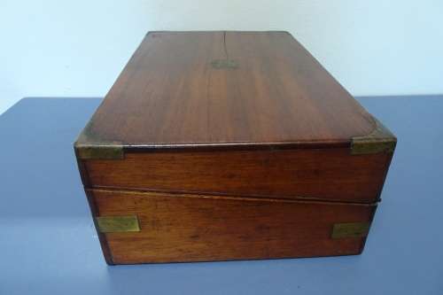 Awesome Antique Mahogany Writing Box Inlaid With Brass Detailing. With Key. Lid Has Crack.