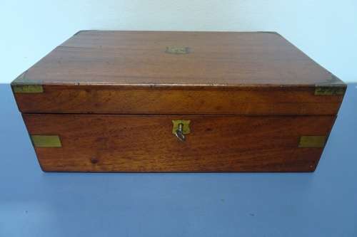 Awesome Antique Mahogany Writing Box Inlaid With Brass Detailing. With Key. Lid Has Crack.