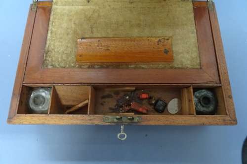 Awesome Antique Mahogany Writing Box Inlaid With Brass Detailing. With Key. Lid Has Crack.