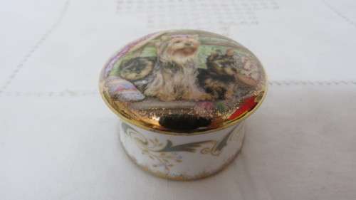 Vintage Total Elegance Staffordshire Fine Bone China Trinket Box Yorkie Dog Decoration 6 x 3,5 cm