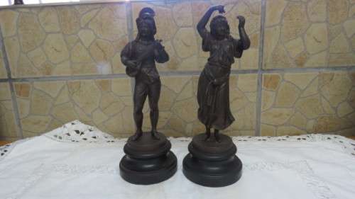Antique Pair of French Art Nouveau Bronze Spelter Statues Gypsey Dancing Girl/Man Playing Lute