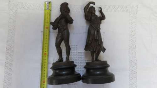 Antique Pair of French Art Nouveau Bronze Spelter Statues Gypsey Dancing Girl/Man Playing Lute