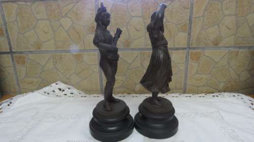 Antique Pair of French Art Nouveau Bronze Spelter Statues Gypsey Dancing Girl/Man Playing Lute