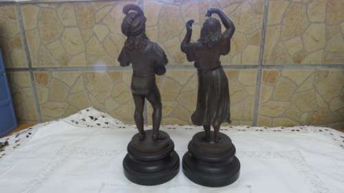 Antique Pair of French Art Nouveau Bronze Spelter Statues Gypsey Dancing Girl/Man Playing Lute