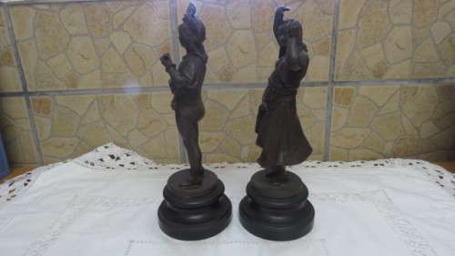 Antique Pair of French Art Nouveau Bronze Spelter Statues Gypsey Dancing Girl/Man Playing Lute