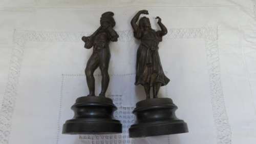 Antique Pair of French Art Nouveau Bronze Spelter Statues Gypsey Dancing Girl/Man Playing Lute