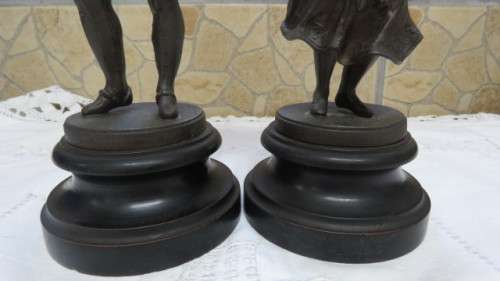 Antique Pair of French Art Nouveau Bronze Spelter Statues Gypsey Dancing Girl/Man Playing Lute
