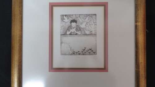 Exquisite South African Artist Anine Barnard Black and White Etching `Birdie`. Signed by Artist