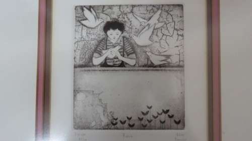 Exquisite South African Artist Anine Barnard Black and White Etching `Birdie`. Signed by Artist