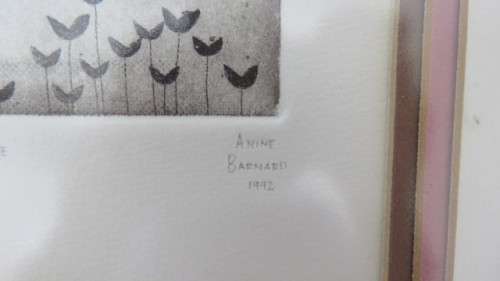 Exquisite South African Artist Anine Barnard Black and White Etching `Birdie`. Signed by Artist
