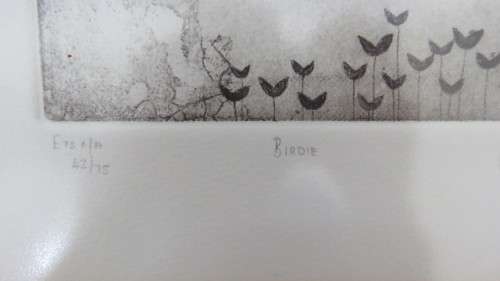 Exquisite South African Artist Anine Barnard Black and White Etching `Birdie`. Signed by Artist