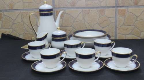 Vintage Hutschenreuther Cobalt Blue White/Gold `Olivia` Coffee Set/Three Bowls. See Description.