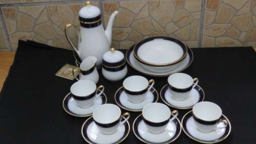 Vintage Hutschenreuther Cobalt Blue White/Gold `Olivia` Coffee Set/Three Bowls. See Description.