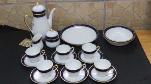 Vintage Hutschenreuther Cobalt Blue White/Gold `Olivia` Coffee Set/Three Bowls. See Description.