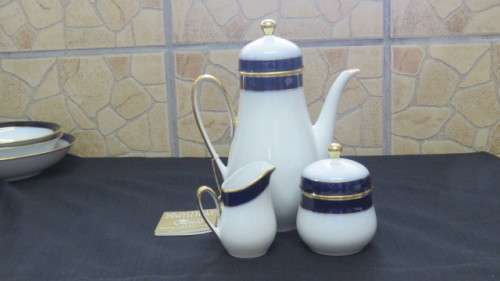 Vintage Hutschenreuther Cobalt Blue White/Gold `Olivia` Coffee Set/Three Bowls. See Description.
