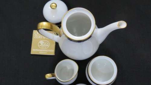 Vintage Hutschenreuther Cobalt Blue White/Gold `Olivia` Coffee Set/Three Bowls. See Description.