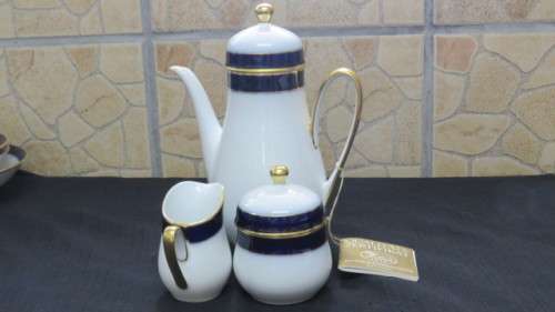 Vintage Hutschenreuther Cobalt Blue White/Gold `Olivia` Coffee Set/Three Bowls. See Description.