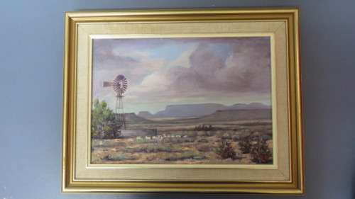 Lovely Framed Original Acrylic on Canvas Painting Karoo Landscape With Sheep/ Windmill. Signed Nico